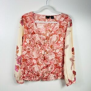 Tahari 100% Linen Boho Floral Botanical Print Long Sleeved Blouse Size Small